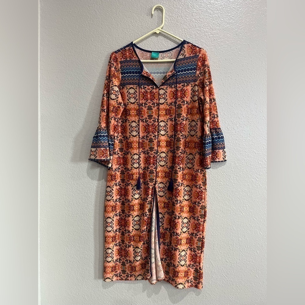 Oxygen Women's Bohemian Orange and Blue Dress Size Large Cabin core Prairie folk